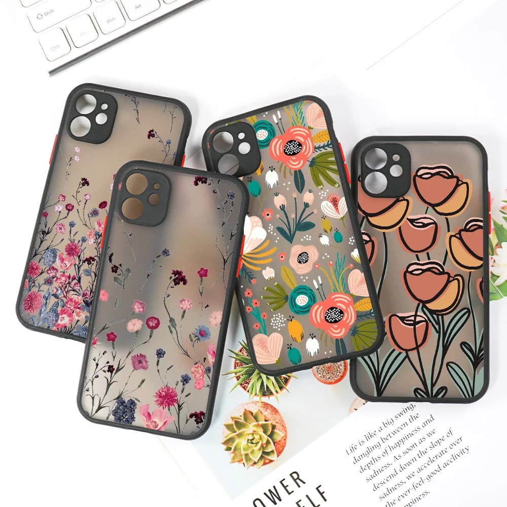 Custodia rigida opaca per iPhone 11 13 Pro Max 14 15 XR X 7 8 Plus SE 2020 12 Mini 13promax Protezione lente Fiore Fundas Cover