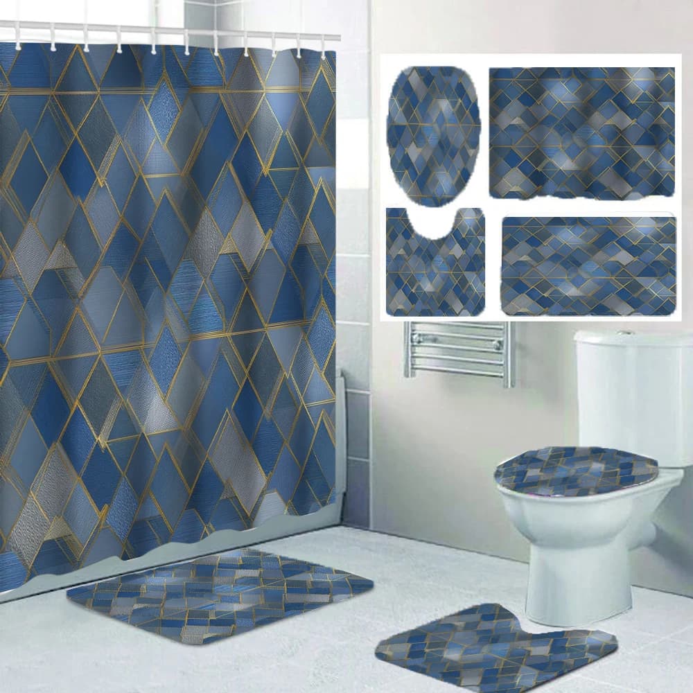 4-piece set of geometric diamond pattern bathroom decoration, including shower curtain, bath mat, U-shaped floor mat