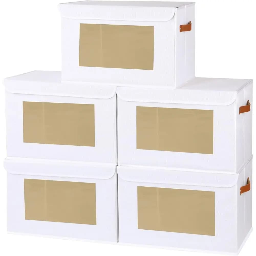 Fabric storage boxes with cover, 33 x 23 x 20 cm, organizer for cabinets and shelves, folding containers with handles, white, 5 pieces