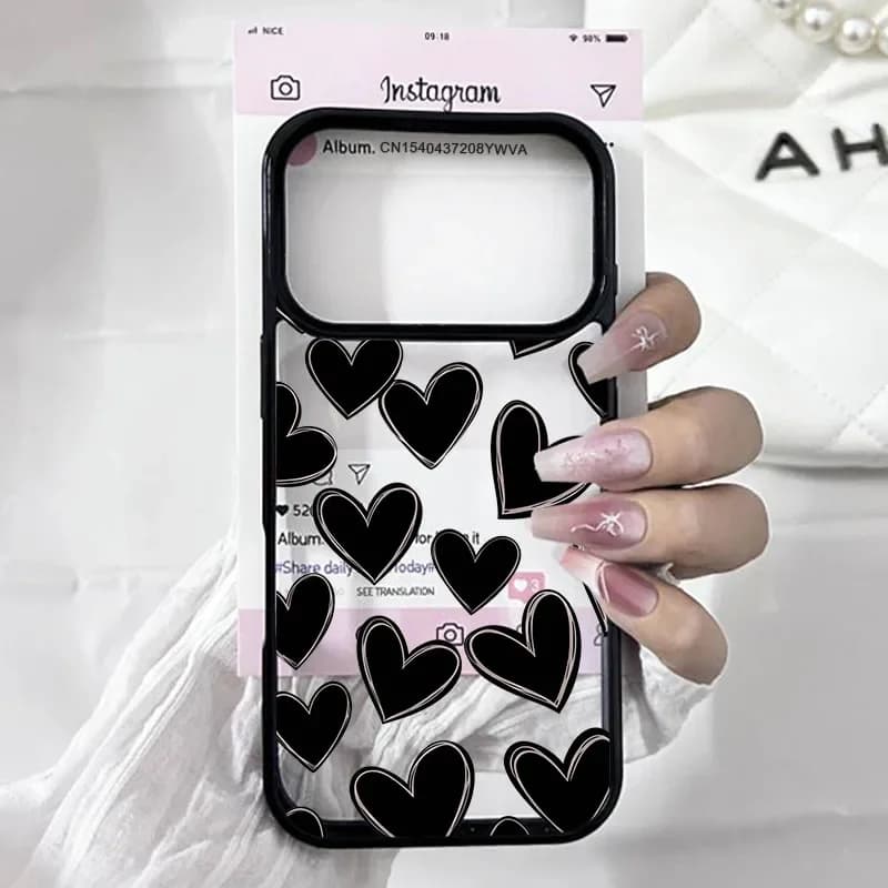 Gothic Y2K Hand‑Sketch Black Hearts Clear Phone Case Black Bumper Anti‑Drop Flexible TPU Case For iPhone 17 16 15 Pro Max