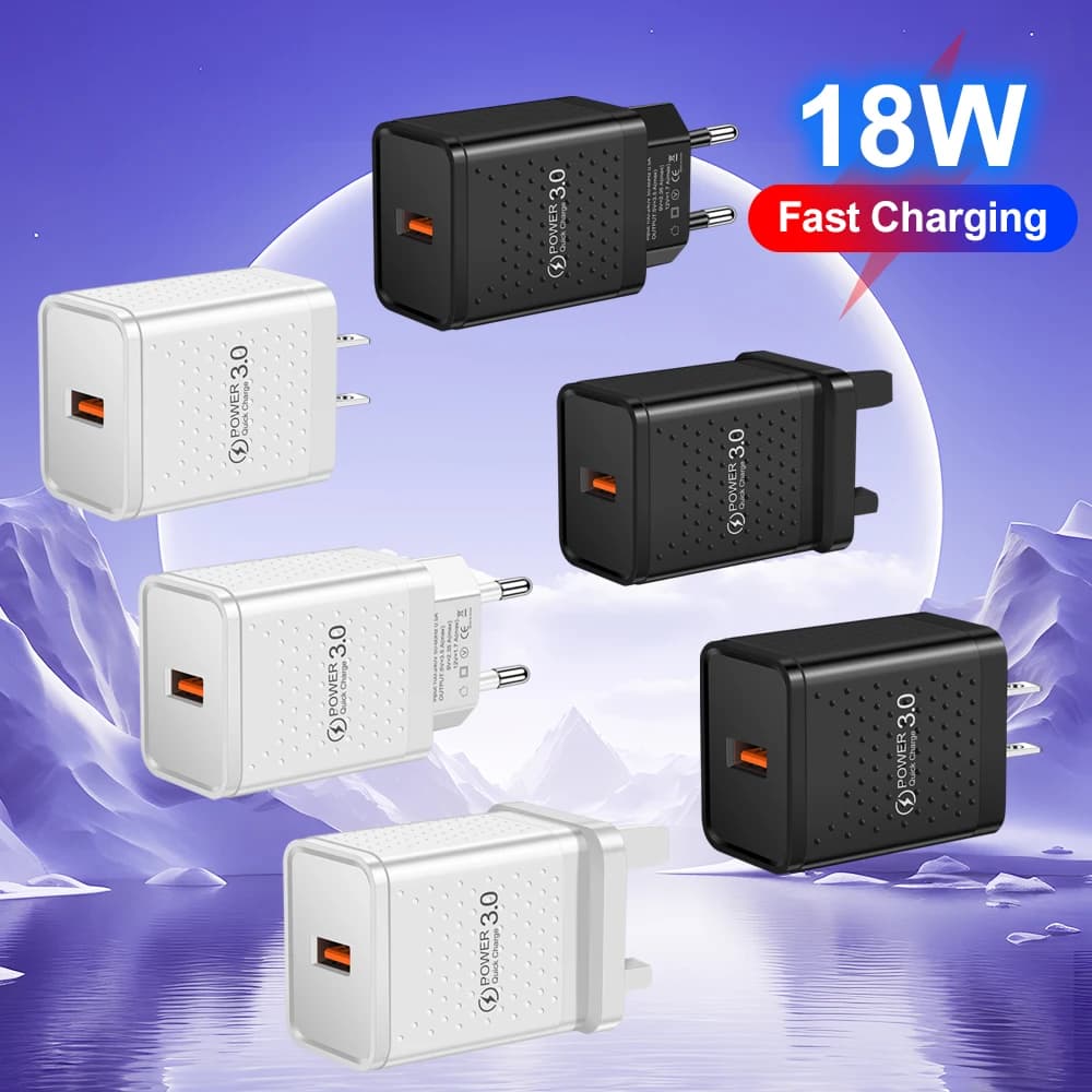 Caricatore rapido da 18 W Caricatore USB QC 3.0 Caricatore rapido per telefono per iPhone Huawei Samsung Xiaomi Redmi Wall Spina di ricarica EU/US/UK