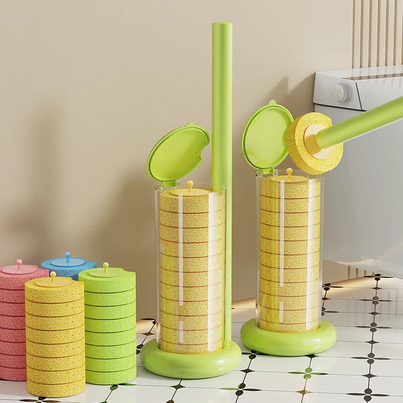 Household Disposable Toilet Brush Kit with 18 Replaceable Sponge Heads, Punch-Free Wall Mount Bathroom Toilet Scrubbing Tool
