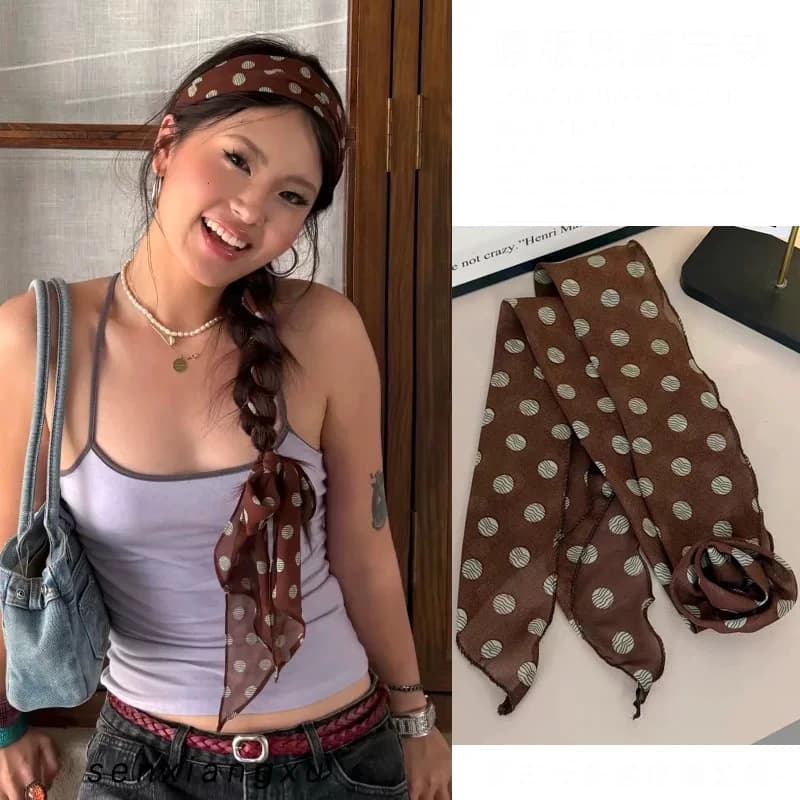 AWAYTR Retro Brown Polka Dots Long Silk Scarves Hair Band Womens Comfortable Headscarf Lady Fashion Party Scarf Hair Accessories