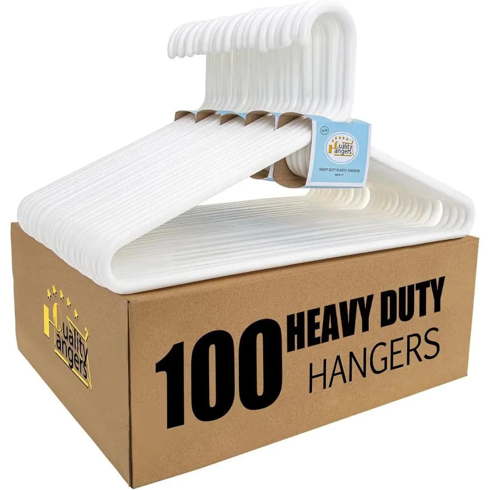 Quality White Plastic Hangers 100 Pack - Super Heavy Duty Multipack or Clothes - Thick Strong Stand Closet Clothing Hangers with