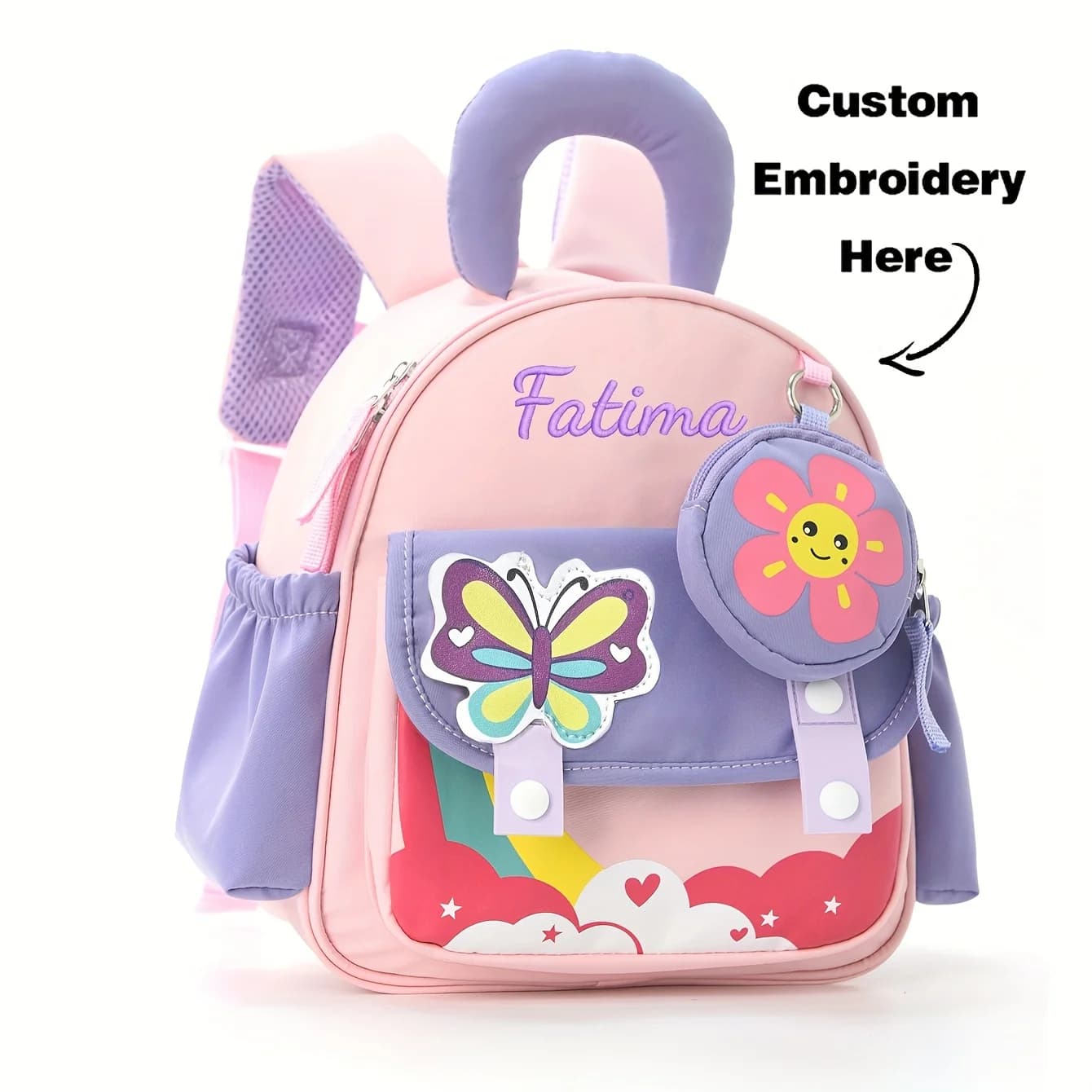 Zaino elegante con nome personalizzato, zaino scolastico con motivo a razzo e farfalla ricamato, mini borsa leggera e carina con portamonete