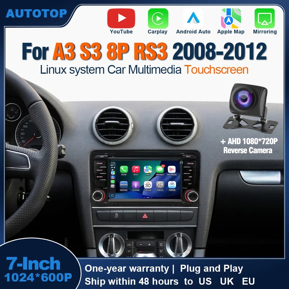 AUTOTOP Autoradio multimediale wireless da 7 pollici con YouTube, CarPlay e Android Auto per Audi A3 8P 2003-2011 S3 RS3 Sportback, lettore radio con Bluetooth.