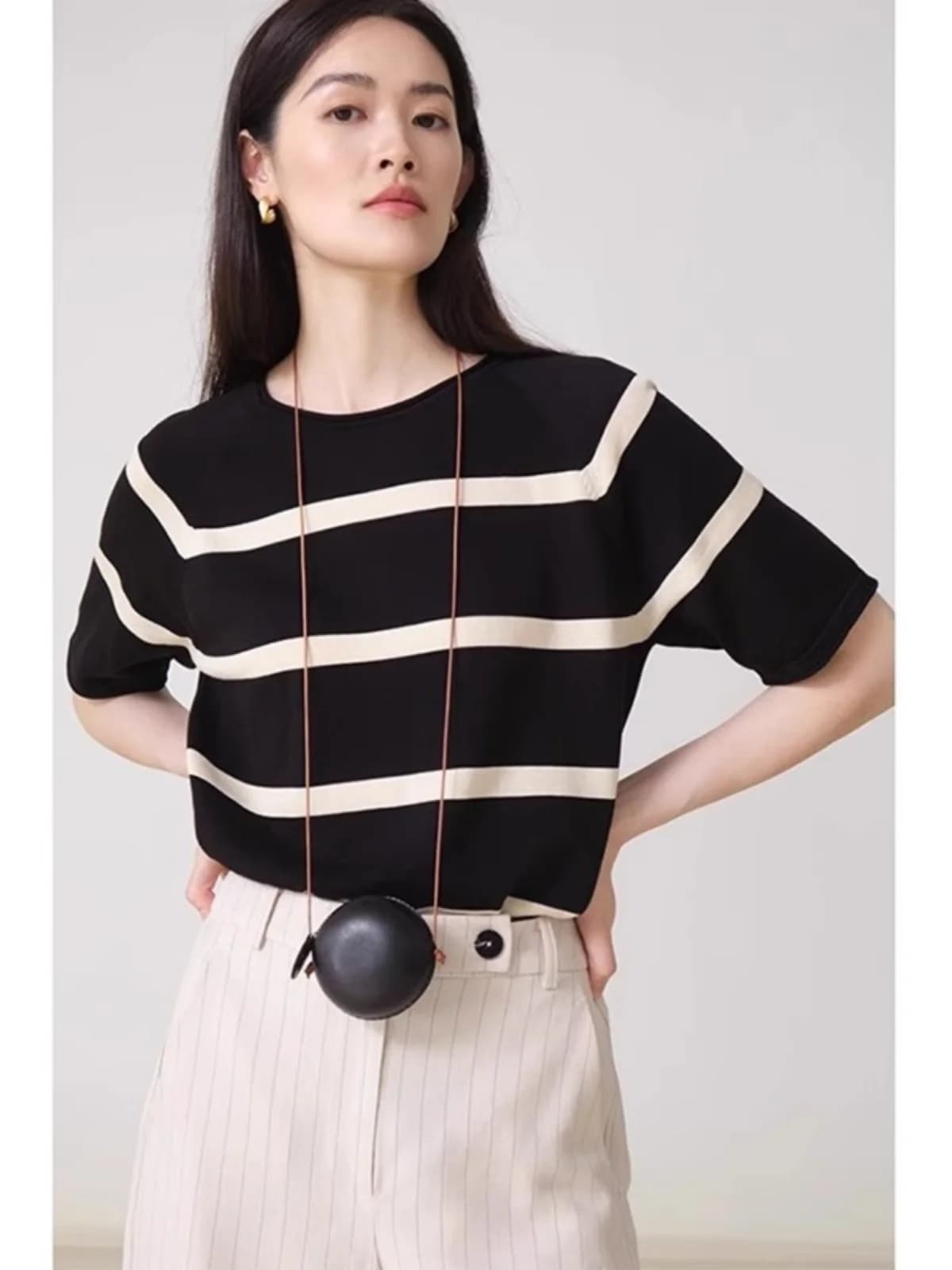 2026 New Fashionable Knitted Stripe T-Shirt round Neck Short Sleeve Women's Top Casual Summer Versatile Ladies' Shirt