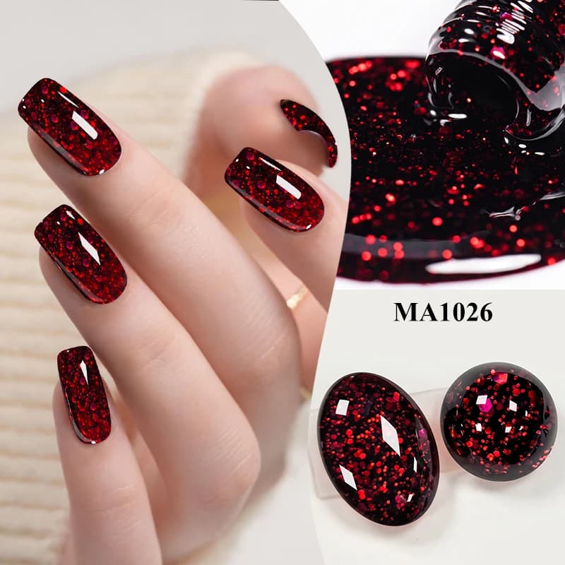 Smalto Gel per Unghie Serie Rossa 7ml, Glitter Scintillante Rosso Rubino, Smalto Invernale per Nail Art, Semipermanente, Soak Off, Gel UV per Unghie Fai da Te