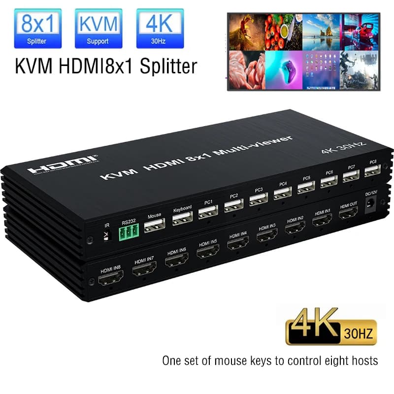 HDMI KVM Multi viewer 4K 8 In 1 Out 1080P KVM HDMI Quad Screen MultiViewer 1X8 HDMI Multi-Viewer Seamless Switcher with IR RS232