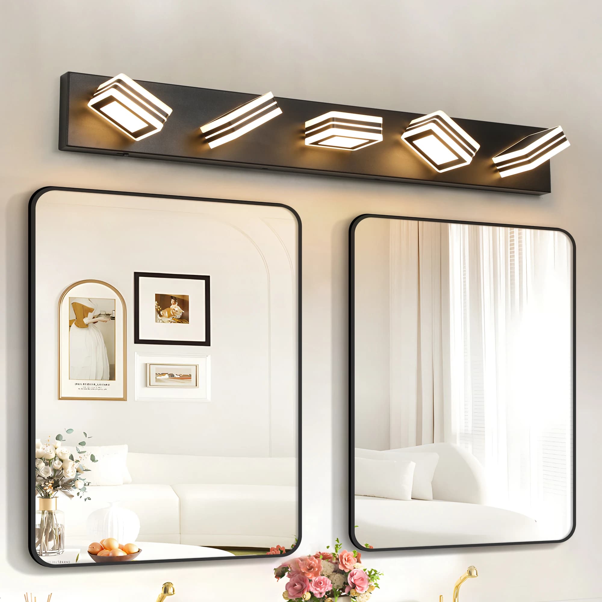 Lampada da Specchio a LED da 34 Pollici con 5 Luci, in Ferro Nero con Paralume in Acrilico, Dimmerabile 5 CCT per Specchio da Bagno, Montaggio a Parete, 3000K-6000K