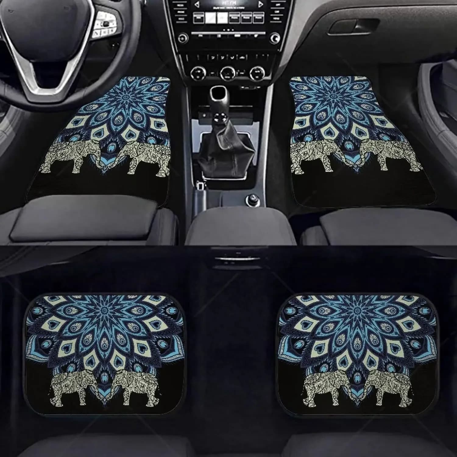 Set di 4 tappetini per auto Boho Elephant, tappetini anteriori posteriori per veicoli senza cuciture, tappetini per auto universali, accessori per auto