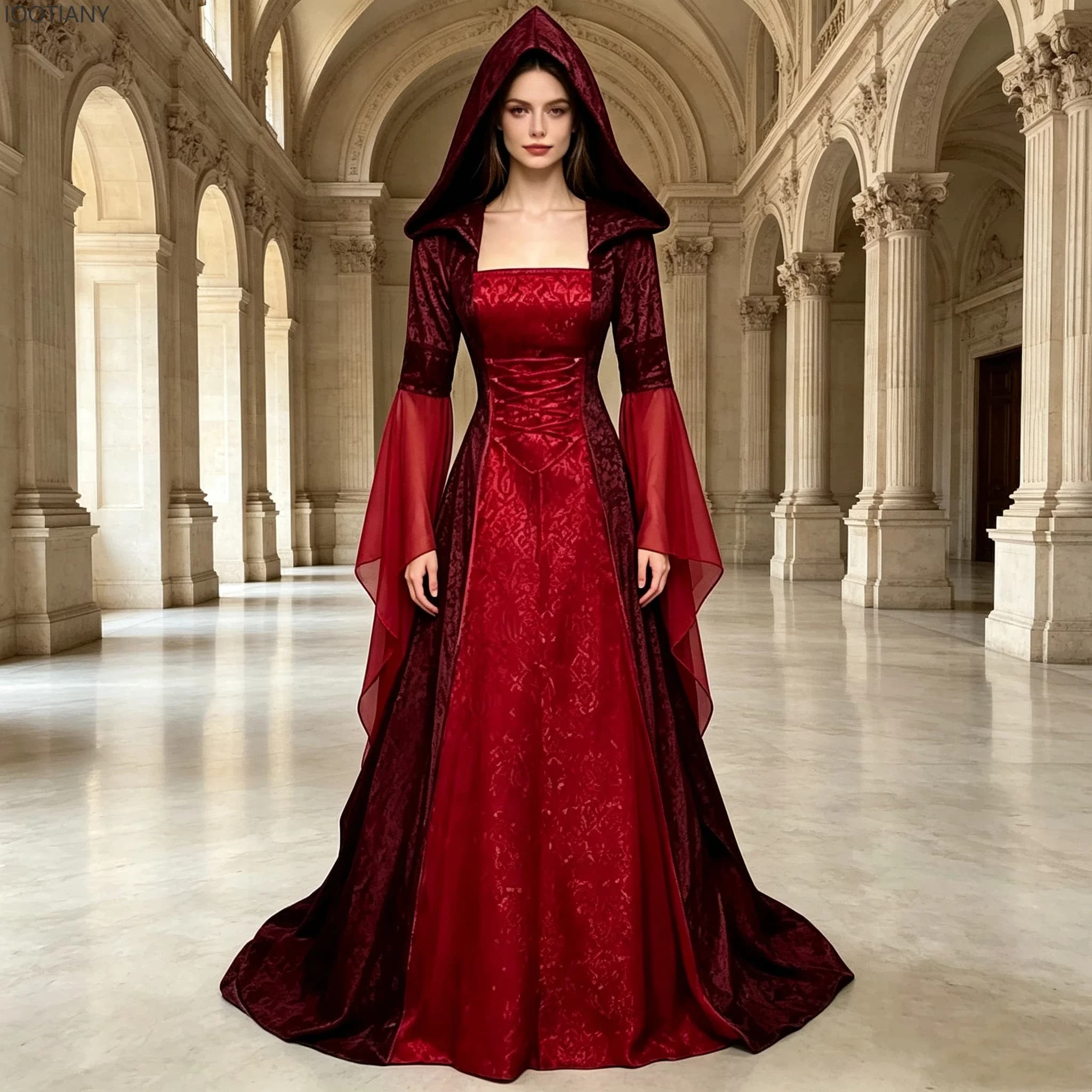 Medieval Gothic Hooded Cosplay Dress Retro Embroidered Renaissance Gothic Wedding Stage Skirt Halloween Cosplay Wear Costumes