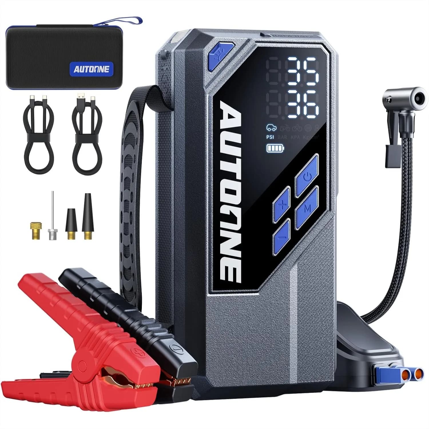 Avviatore di Emergenza 10000A con Compressore d'Aria, Booster Portatile per Batteria Auto da 24000mAh per Tutti i Veicoli a Benzina e Diesel con Ricarica Rapida USB-C da 60W