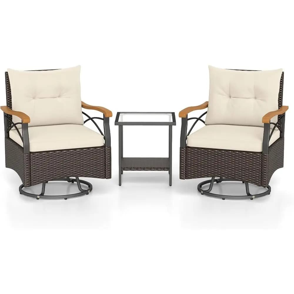 360° Swivel Patio Furniture Set with Wicker Chairs, Cushions, and Glass Coffee Table for Outdoor Bistro, Balcony, Porch, Deck, P