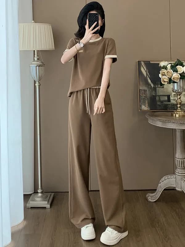 Fashionable Slimming Summer Sportswear Set Women's Short Sleeve T-Shirt Wide Leg Pants Two-Piece Suite High Waist Long Pants