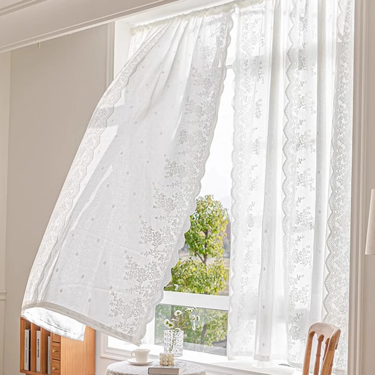 1 panel, romantic lace flower lace curtain with four rows transparent curtain, decorative embroidered curtain in rustic style french pastoral white, suitable for living room, dining room, kitchen and bedroom