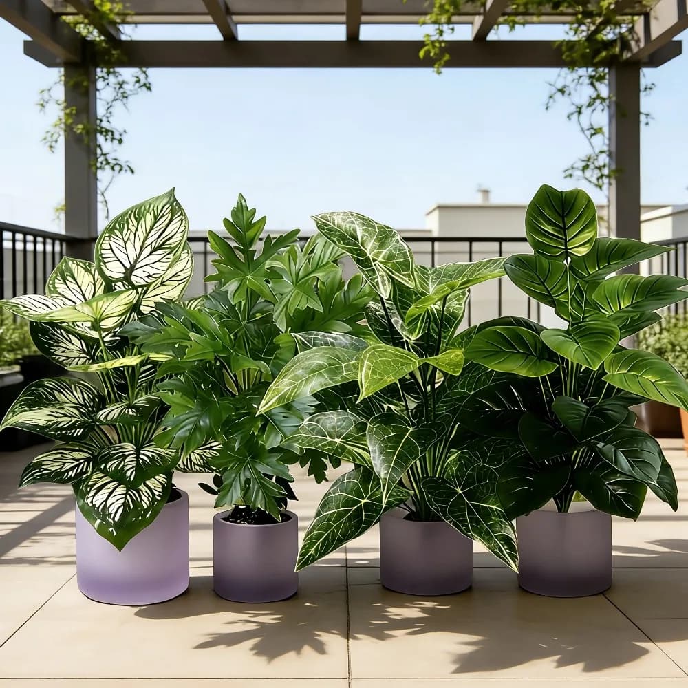 Set of 4 Artificial Plants with 48 Sheets, Large Fin Sunflower Tree, Plastic Jungle Palm Leaves for Home