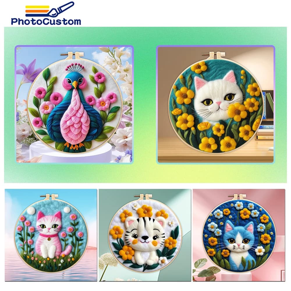 PhotoCustom 20x20cm DIY wool painting kit with animal frame cat DIY needle wool felt painting image decorations Felt needle set