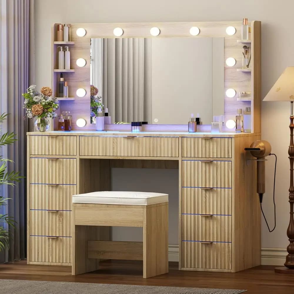 Tavolo da Trucco in Rovere Naturale con Piano in Vetro, Specchio Grande Illuminato a LED, Presa di Corrente, Supporto per Asciugacapelli, Toeletta con