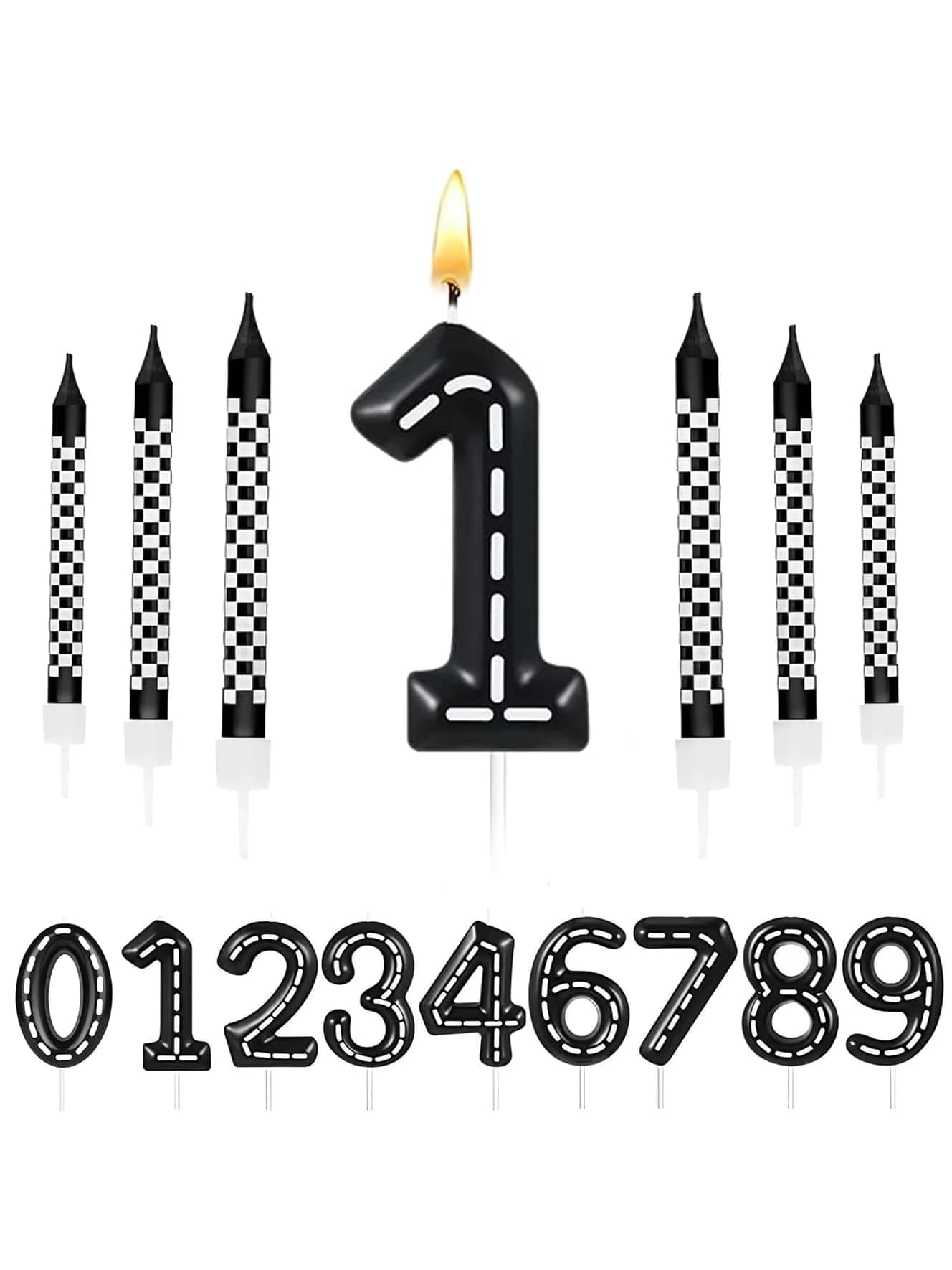 7 pieces of racing car theme candles birthday candles black and white square candle 1 to 9 numbers candle truck candle cake topper for Raci