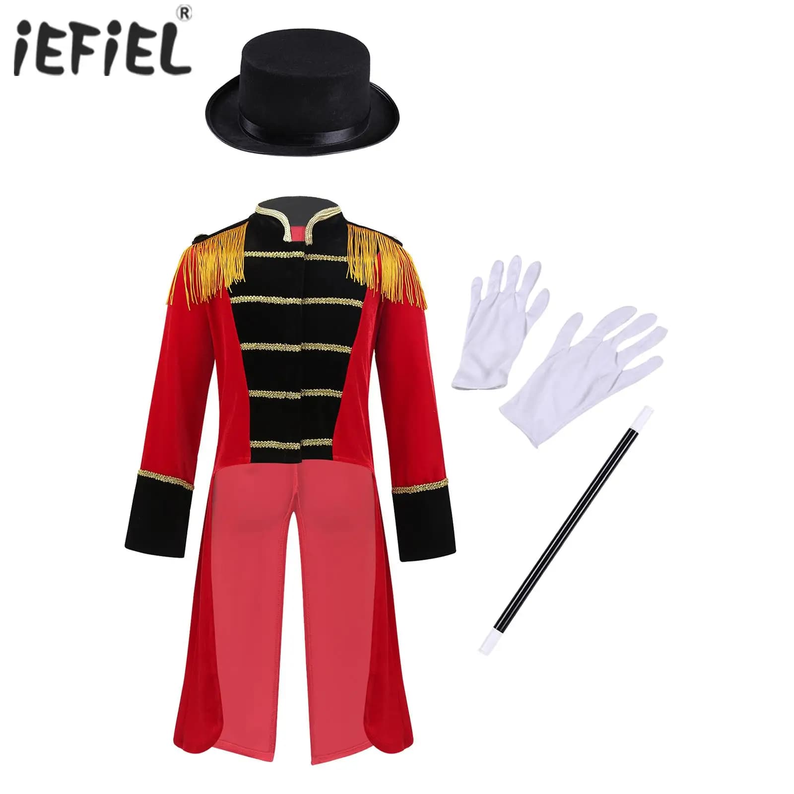 Circus Costume for Boys: Frac con Nappe, Cappello, Bacchetta Magica e Guanti da Mago per Carnevale e Cosplay