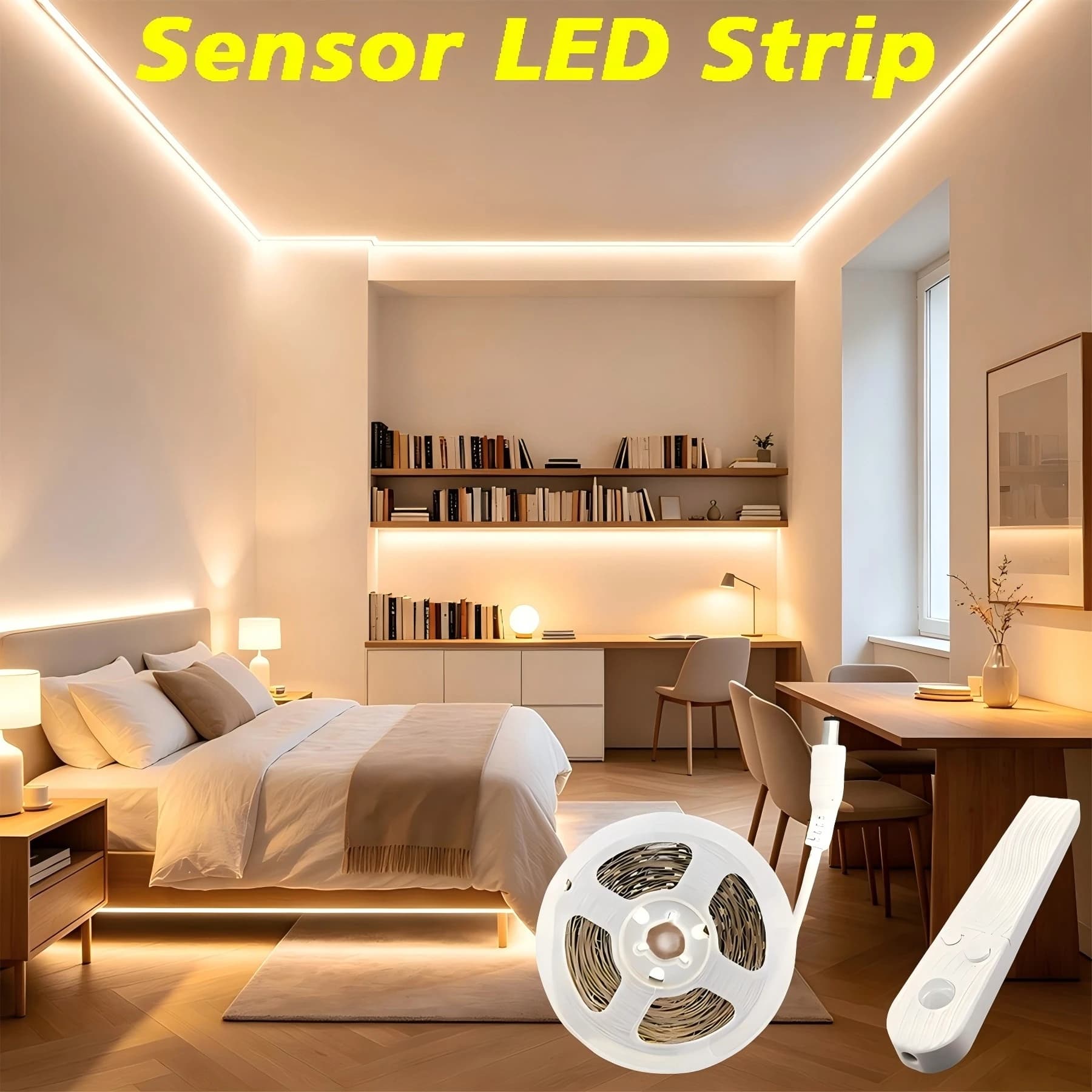 Striscia luminosa a LED con sensore 5V, alimentata tramite USB e batteria (batterie non incluse), adatta per l'illuminazione di camera da letto, armadi e studio.