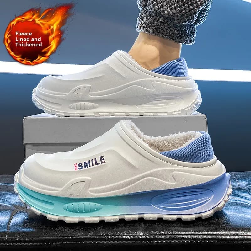 Men's Winter Fleece Lined Slip-On Shoes Thick Bottom Slipper with Cover Waterproof Non-Slip Large Size Moccasin Slippers