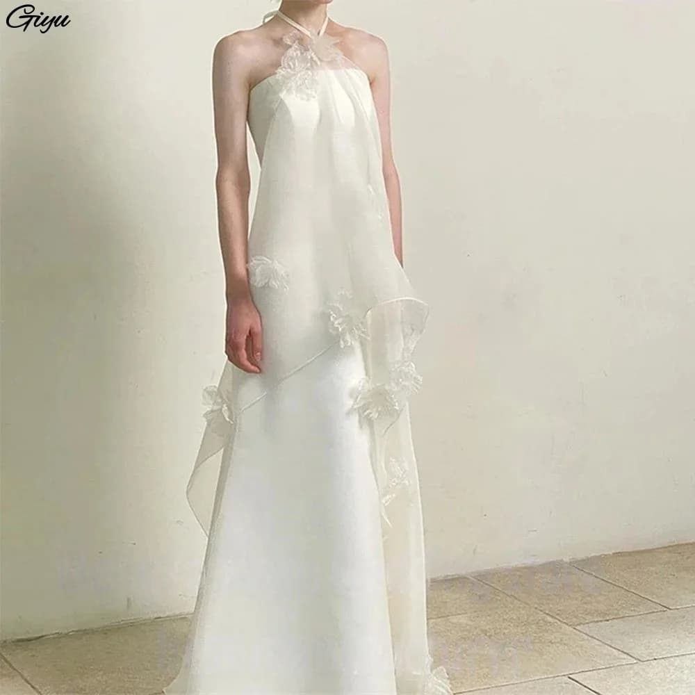 Giyu A Line Corset Corset Fairy Wedding Dresses Photoshoot Halter 3D Flowers Korea Bridal Gowns Garden Customised Formal