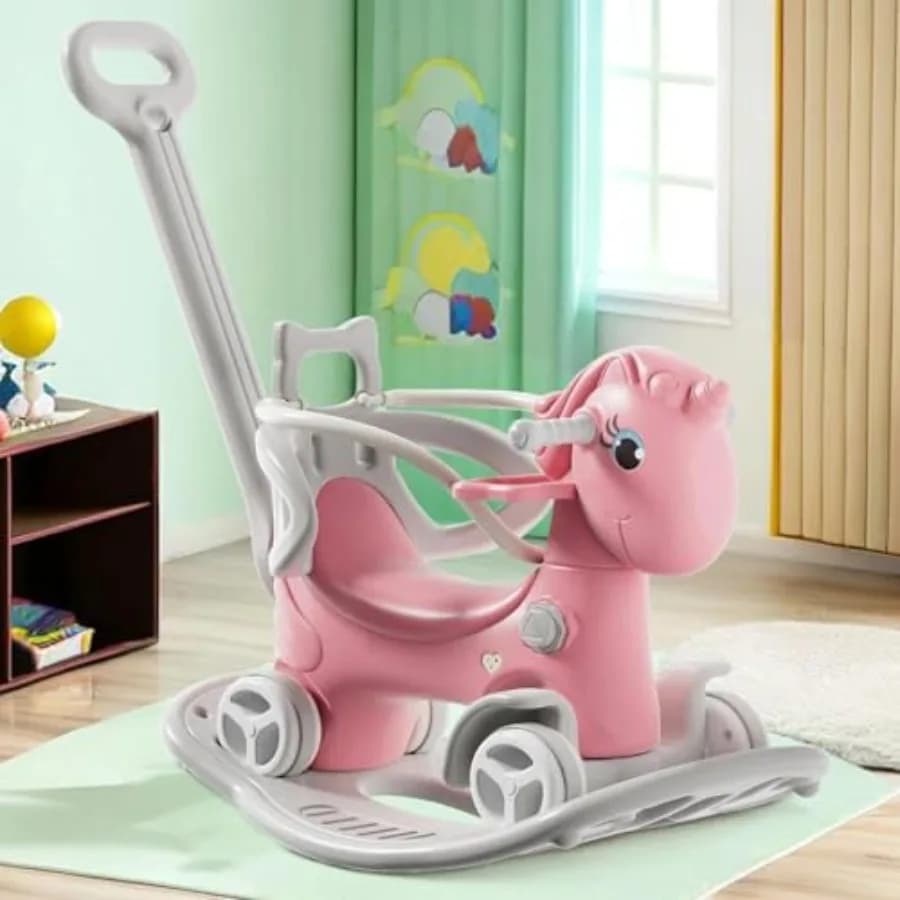 Cavallo a dondolo 4 in 1 per bambini 1-3 anni, rosa, cavalcabile, bici senza pedali, carrello spingi con tavola di equilibrio rimovibile, educativo