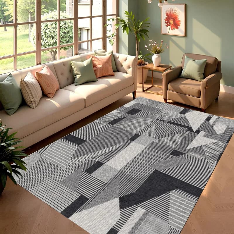 Tappeto Moderno Geometrico Grigio con Stampa Astratta a Righe, Antiscivolo, per Soggiorno, Camera da Letto, Arredamento Minimalista, Idea Regalo