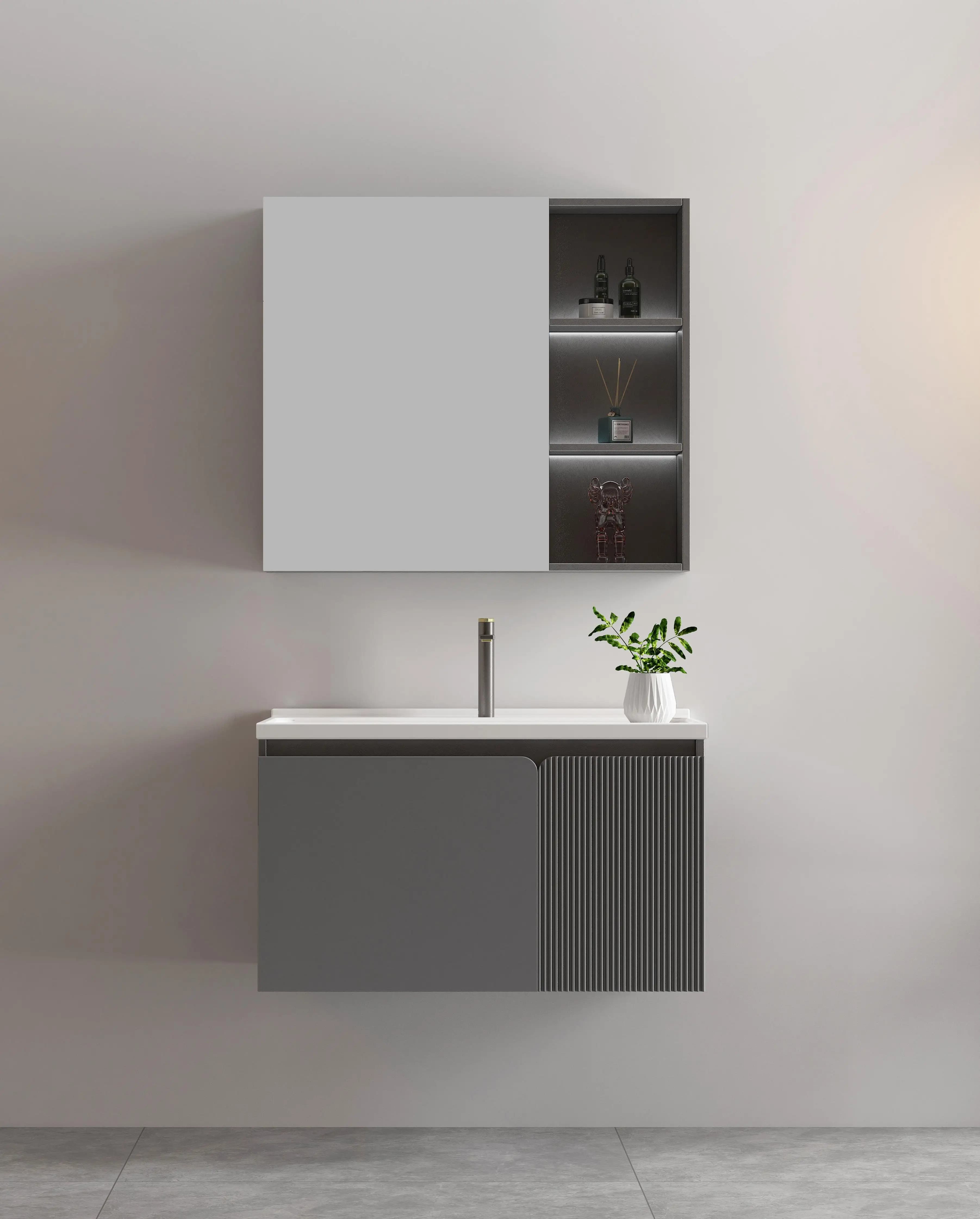 Custom Modern Hotel Set Wall Hung Bathroom Vanities With Waterproof Solid Wood Sink Mirror Cabinet & LED Bath Mirror