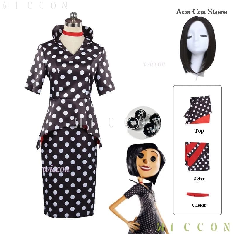 Halloween Costumes Fame horror movies Coraline Mother Cosplay Wig Dress polka dots Secret Botton Eyes Halloween Party Scary Role