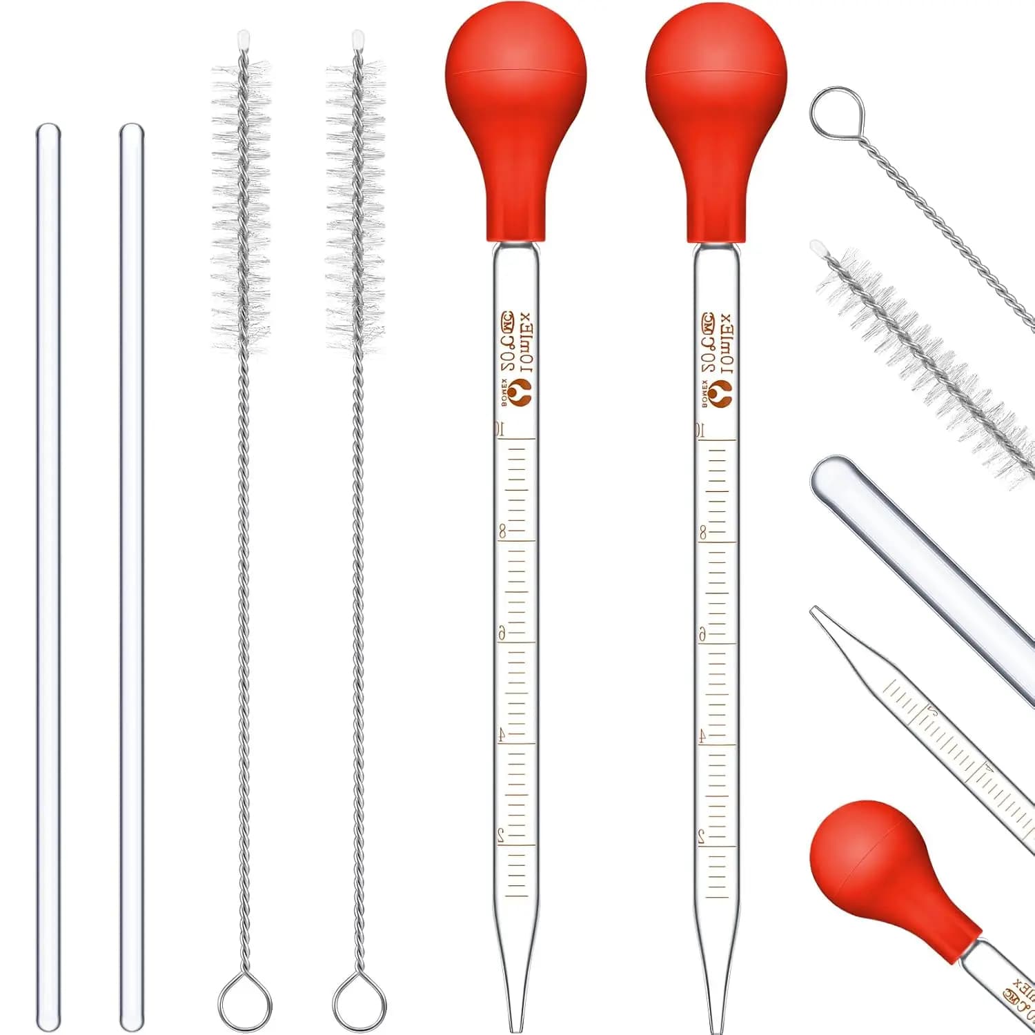 Glass droppers, laboratory graduated droppers, with large rubber cap, mixing rod, cleaning brush, suitable for liquid essential oils (set of 6 pieces, red, 10 ml)