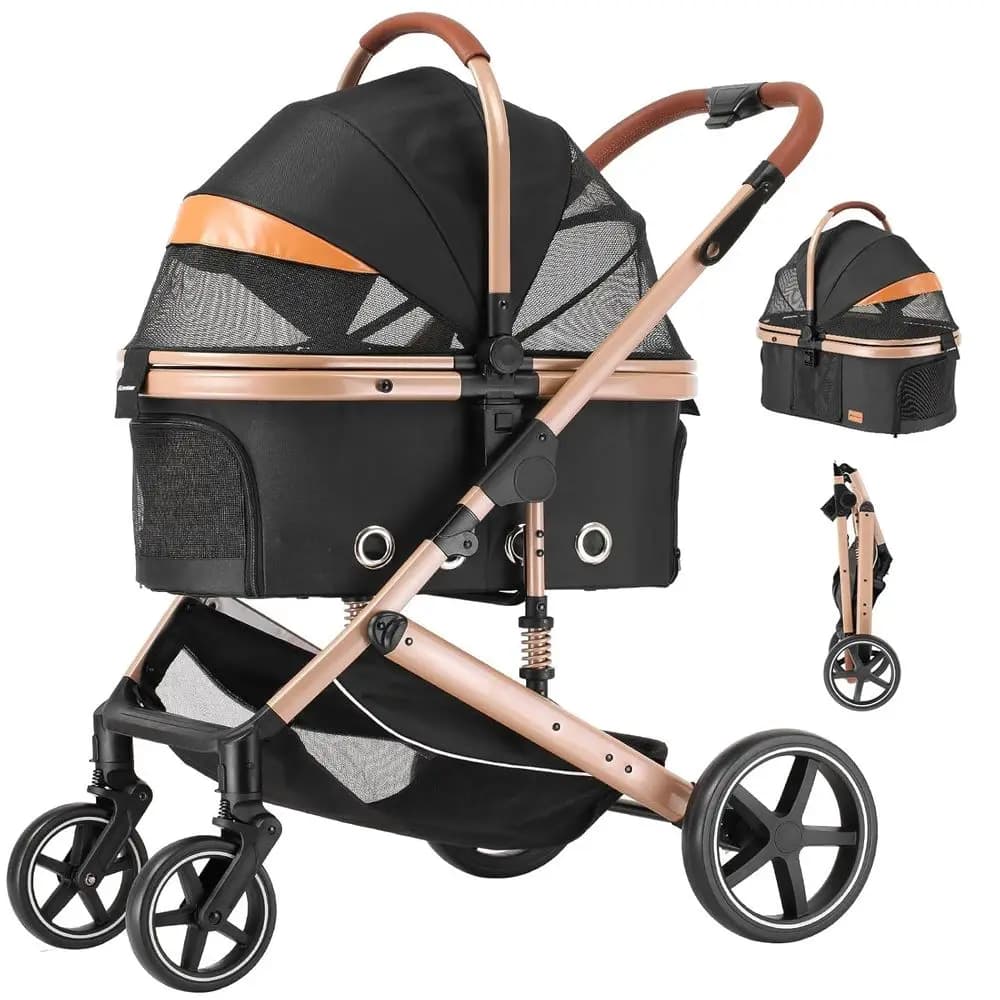 Passeggino per animali domestici 4 in 1, passeggino pieghevole leggero per cani e gatti con supporto staccabile, NO-Zip 180 ° Baldacchino reversibile, fuoristrada