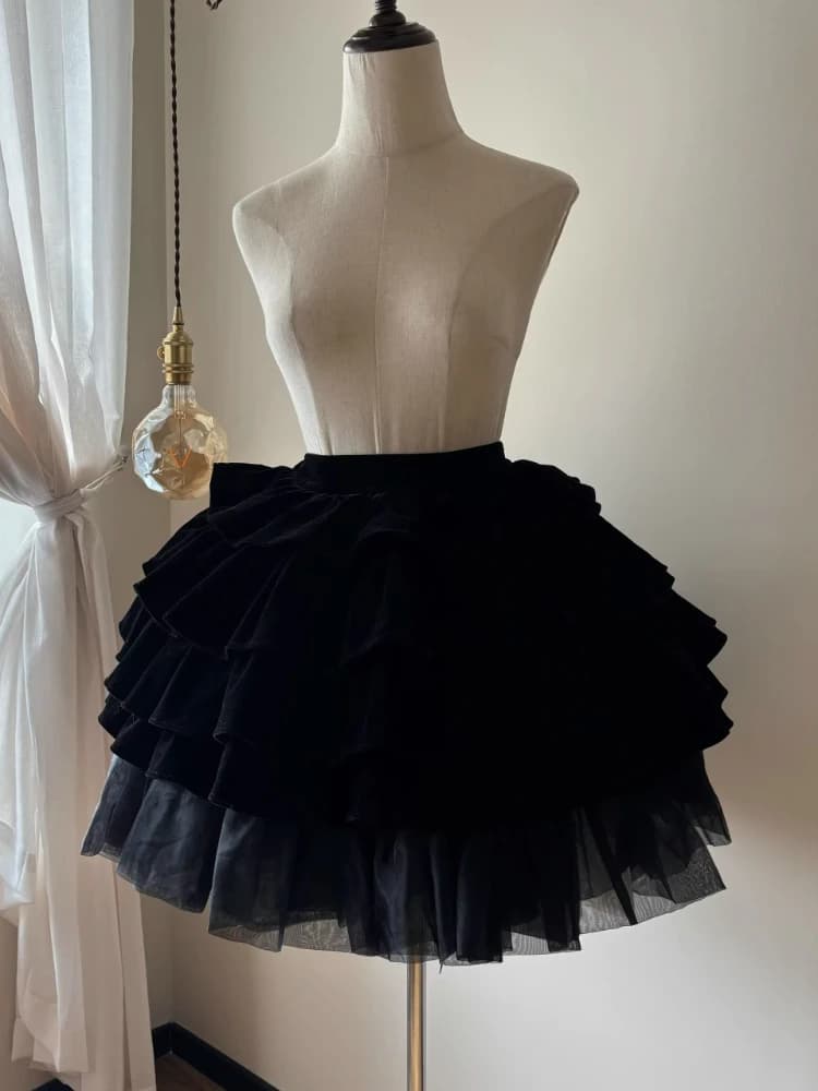 A Tiny Cake - Doll-like Velvet Lolita Skirt, Tiered Skirt by FlowerFairyDaily