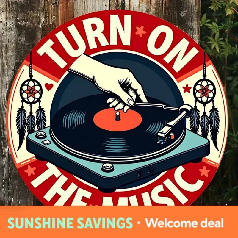 Retro "Turn On The Music" Turntable 2D Flat Tin Sign - Boho Dreamcatcher & Vinyl Record Themed Wall Decor for Music Room, Bar