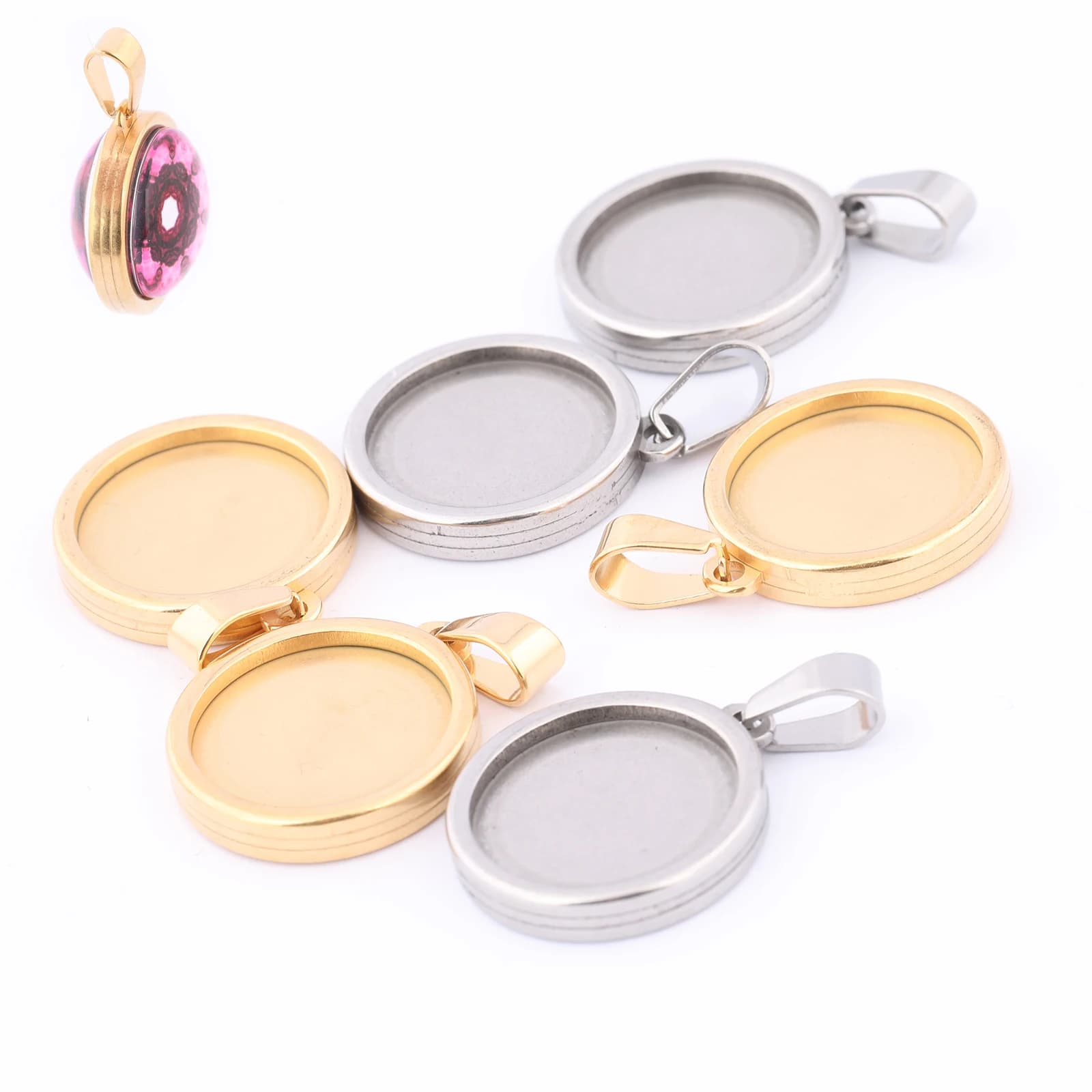 5 Pezzi Base per Pendente Cabochon Bifacciale in Acciaio Inossidabile Placcato Oro 20mm, Supporti Vuoti per Cornice Fai da Te per Creazione Gioielli Collane