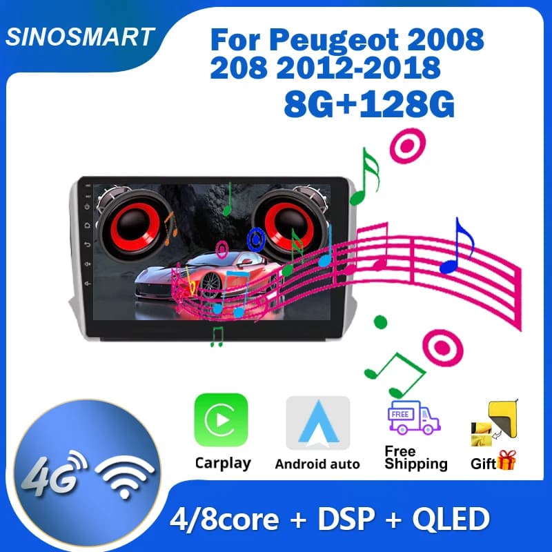 SINOSMART per Peugeot 2008 208 2012-2018, Navigatore GPS per Auto, Lettore Multimediale con Supporto Android Auto e CarPlay