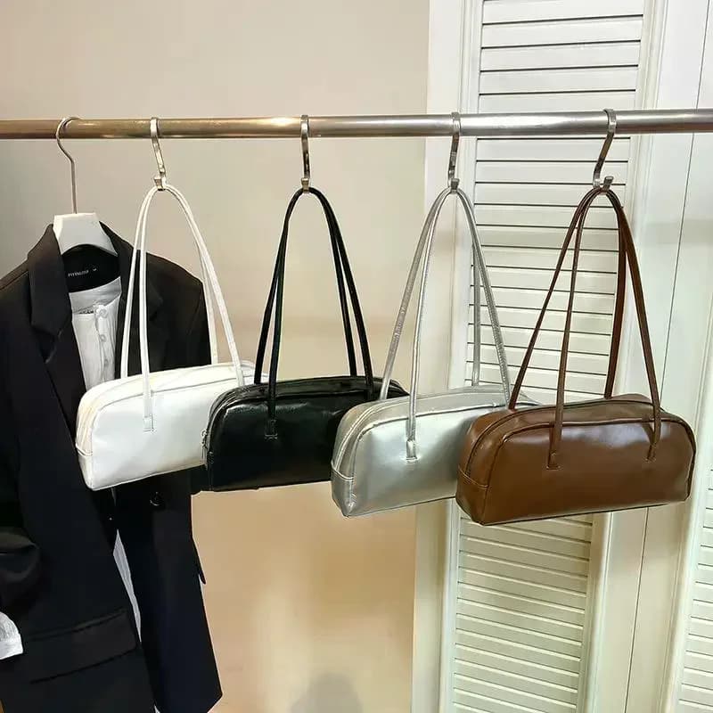 Glossy PU Leather Dual Handle Shoulder Bag Zipper Closure Large Capacity Daily Commute Shopping Portable Handbag Storage Purse