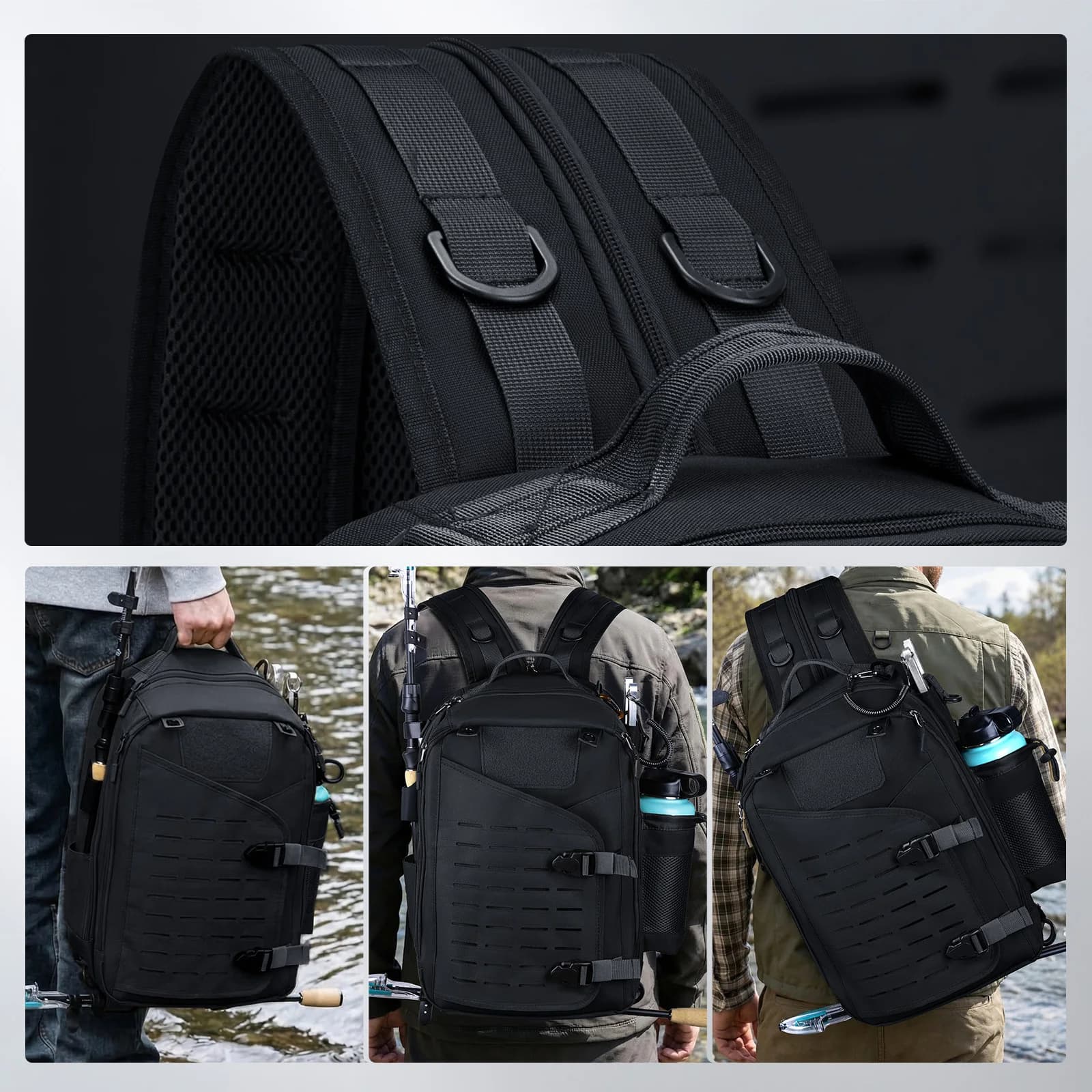 Zaino a tracolla Goture 900D Oxford impermeabile per la pesca, con 3600 scatole porta attrezzi e porta canna per la pesca a mosca all'aperto