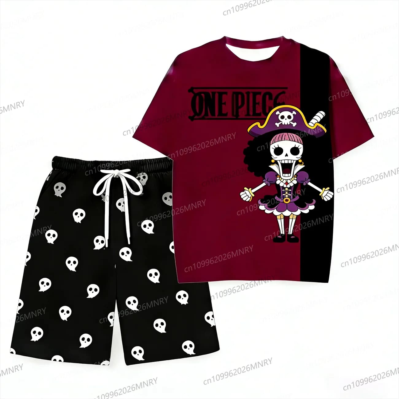 Pigiama estivo da uomo a due pezzi con stampa anime di Luffy, modello morbido a forma di teschio, completo di t-shirt e pantaloncini per uomo e donna.