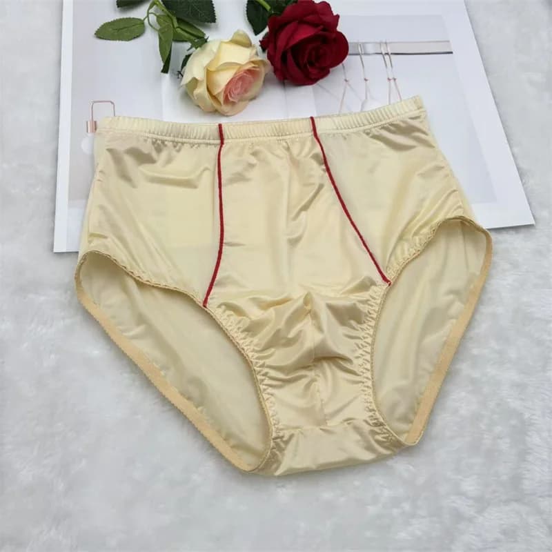 New Men's High Waisted Briefs Sexy Smooth Silk Surface Underpant Elastic Cinching Lace Close Fitting Triangle Underwear Panties