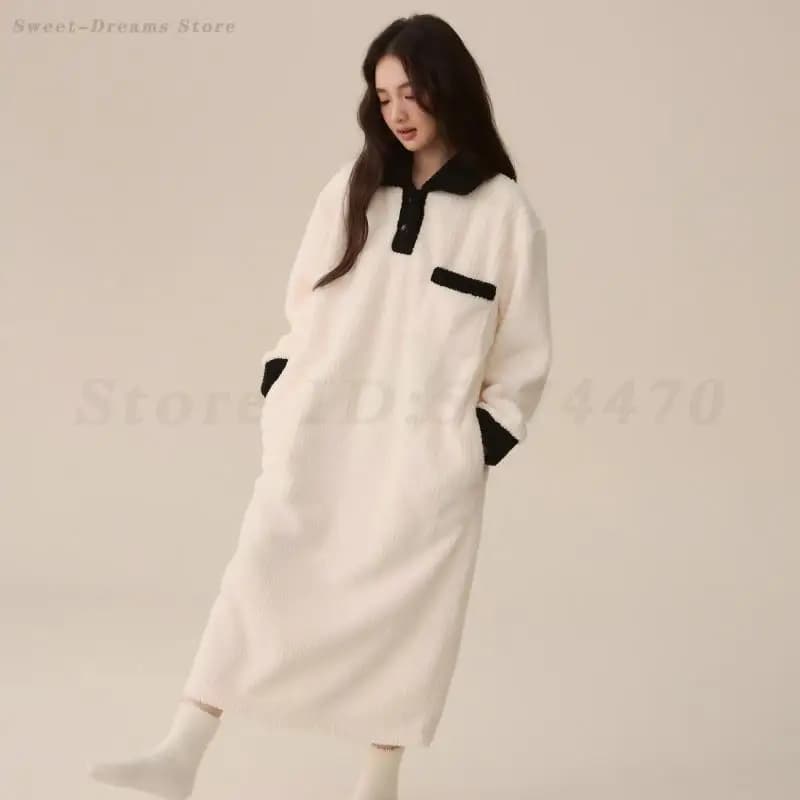Autumn Winter Nightwear Long Night Shirt in Women's Coral Fleece Casual Night Shirt loose Bathrobe Homewear Nightwear Nightwear in thick flannel