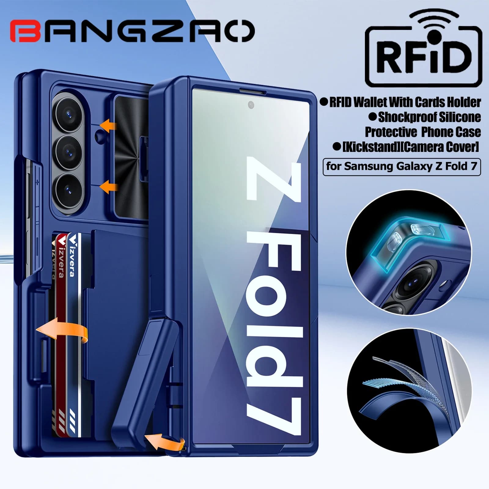 Custodia per Galaxy Z Fold 7, portafoglio RFID con porta carte [Bracket][Cover per fotocamera] Custodia protettiva per telefono in silicone antiurto-Blu