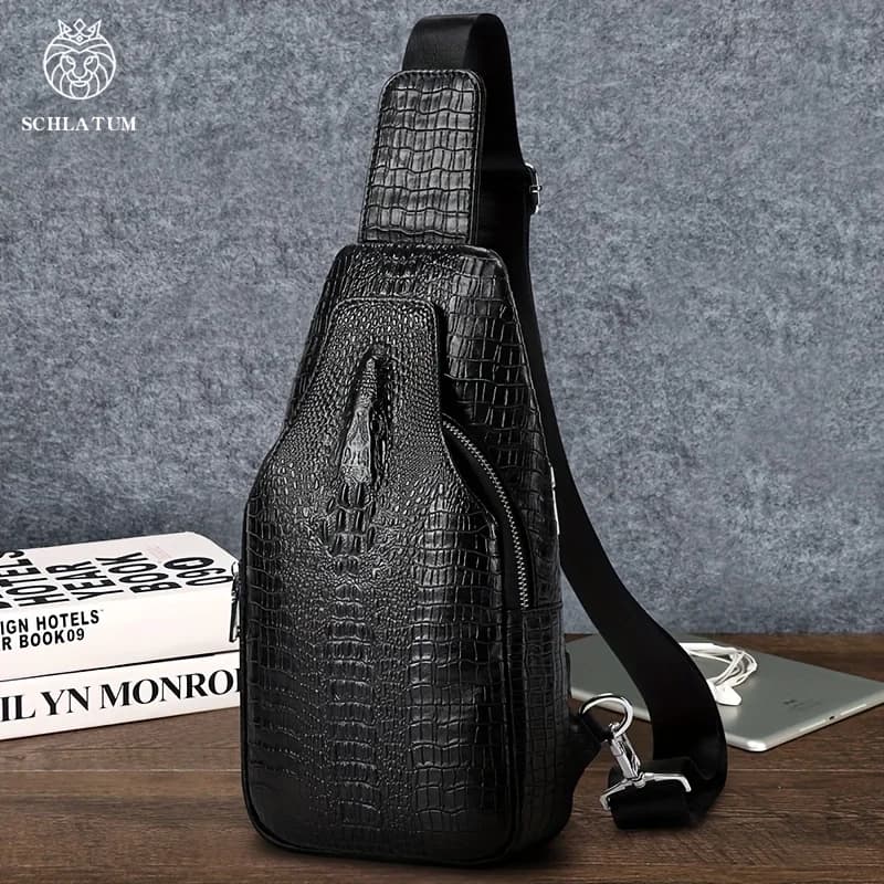 Borsa da petto da uomo in vera pelle con texture coccodrillo – Borsa a tracolla resistente per viaggi, pendolarismo e uso quotidiano