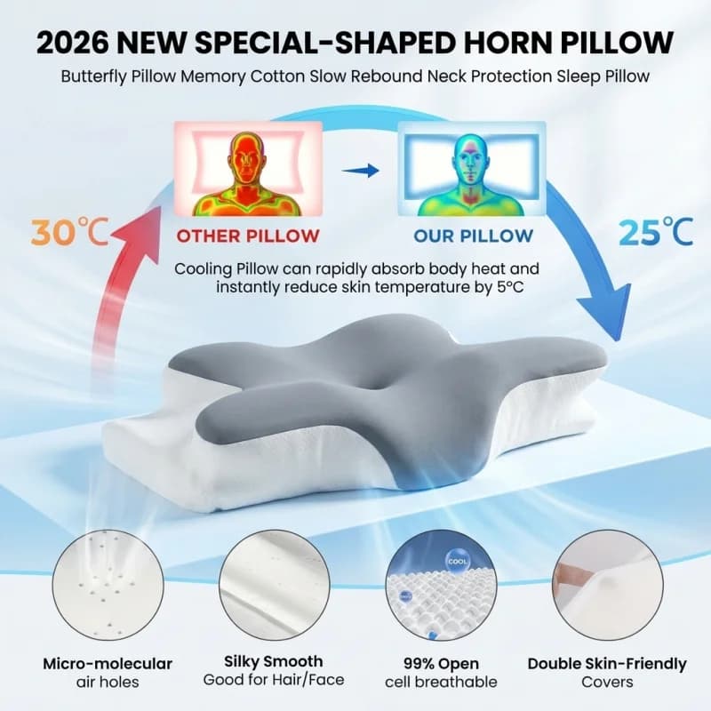 Memory Cotton Sleep Pillow Soft Solid Color Special Shaped Horn Pillow Slow Rebound Neck Protection for Sleep Drak Grey