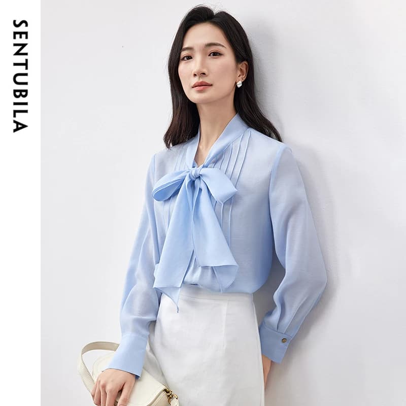 SENTUBILA Basic Blouses Woman Lyocell 2026 Autumn Solid Lace Up Collar Folds Loose Fit Bow Shirts Elegant Casual Tops 151C57000