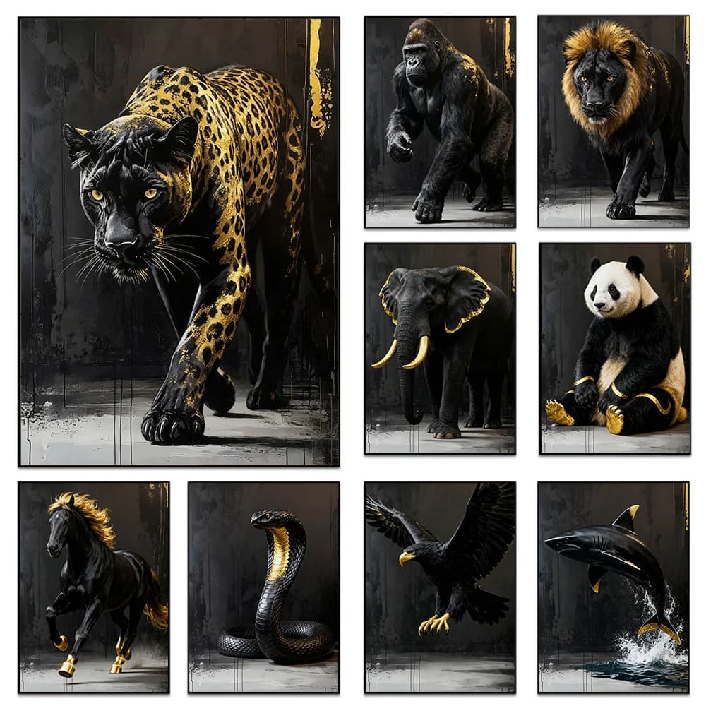 1pc frameless Black And Gold Panther Jungle Safari Animals Canvas Wall Art Wolf Gorilla Elephant Lion King Poster Print