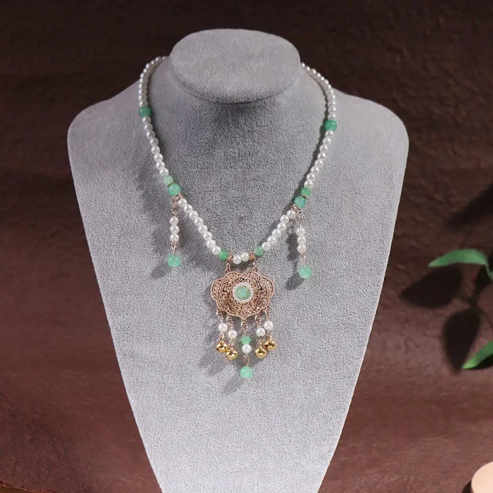 Collana Hanfu con nappe e perline, stile cinese, con ciondolo a ciondolo della lunga vita, collana con motivo cavallo della dinastia Tang, girocollo di perle per feste