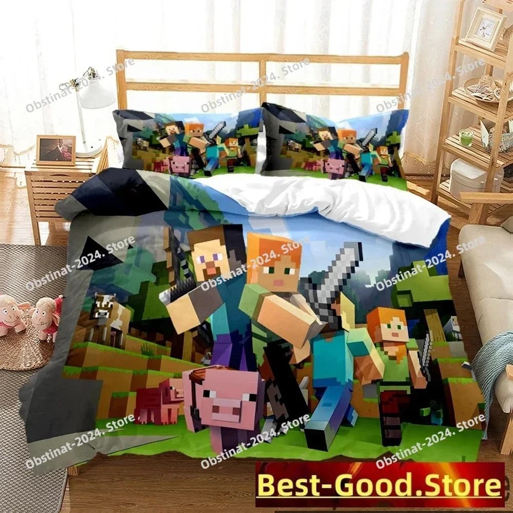 3D Mine Sandbox Games Set biancheria da letto Stampato singolo Piumino Trapunta Copripiumino Federa Set da 3 pezzi Bambini Taglia adulto